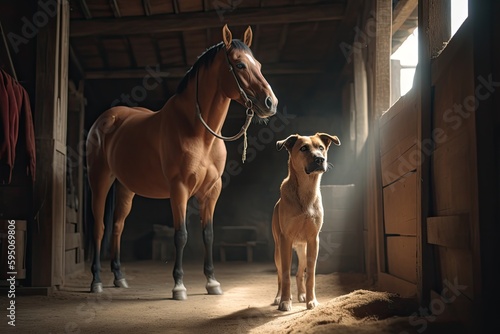 Dog with a horse in the stable with the rays of the sun. Animal friendship. Generative AI