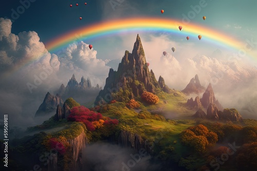 Fantastic mountains with greenery in the clouds and a rainbow. Generative AI © Iryna