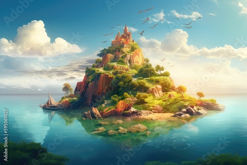 A magical island with a small city in the middle of the ocean. Generative AI