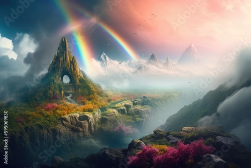 Fantastic mountain landscape with clouds and a rainbow. Generative AI © Iryna