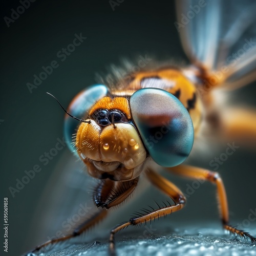 Hyper-realistic macro image captures the intricate details and iridescence of a dragonfly. Made with Generative AI