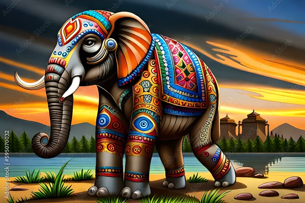 Obraz premium Decorative illustration elephant, Generative AI