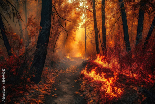 Devastation  Fire Burns Through a Forest. Generative Ai