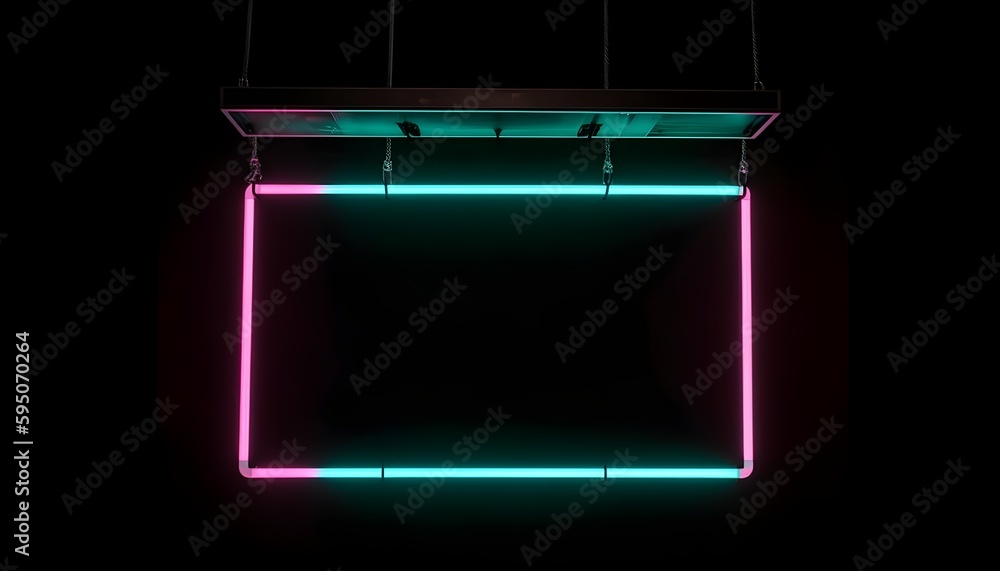 Hanging bright pink and green rectangle neon light sign, background and backdrop and some negative space at the center. Hanging bright pink and green rectangle neon light sign, background and backdrop and some negative space at the center.