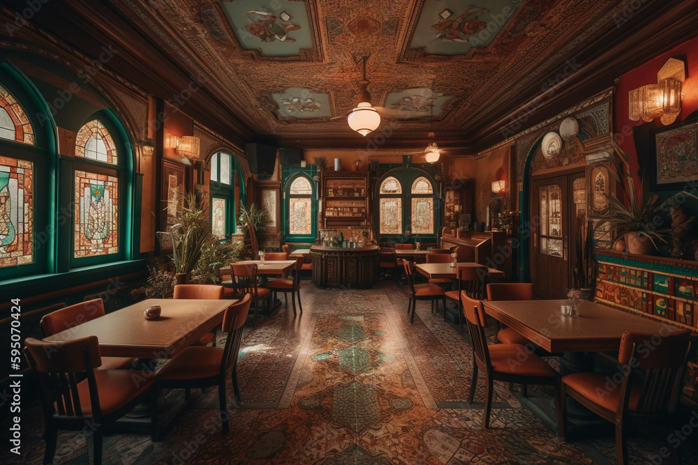 Fancy restaurant and bar. BOHO style. Centered perspective. Interior ...