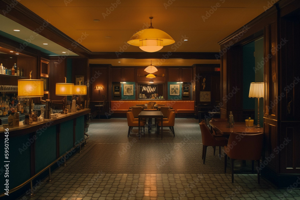 Fancy restaurant and bar. Dark blue color palette. Centered perspective. Interior Design