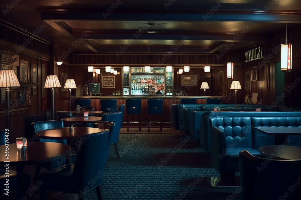 Fancy restaurant and bar. Dark blue color palette. Centered perspective. Interior Design