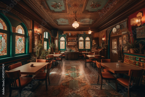Fancy restaurant and bar. BOHO style. Centered perspective. Interior Design © MadSwordfish