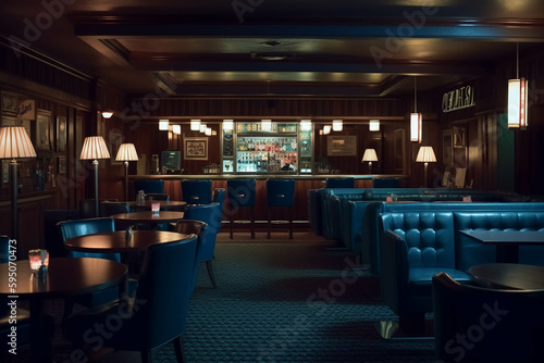 Fancy restaurant and bar. Dark blue color palette. Centered perspective. Interior Design