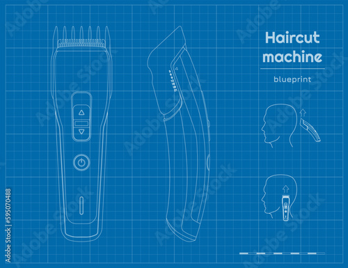 Outline hair clipper. Contour trimmer blueprint. Barber tools drawing with schemes. Electric haircut machine. Hairdresser instrument in side, top views