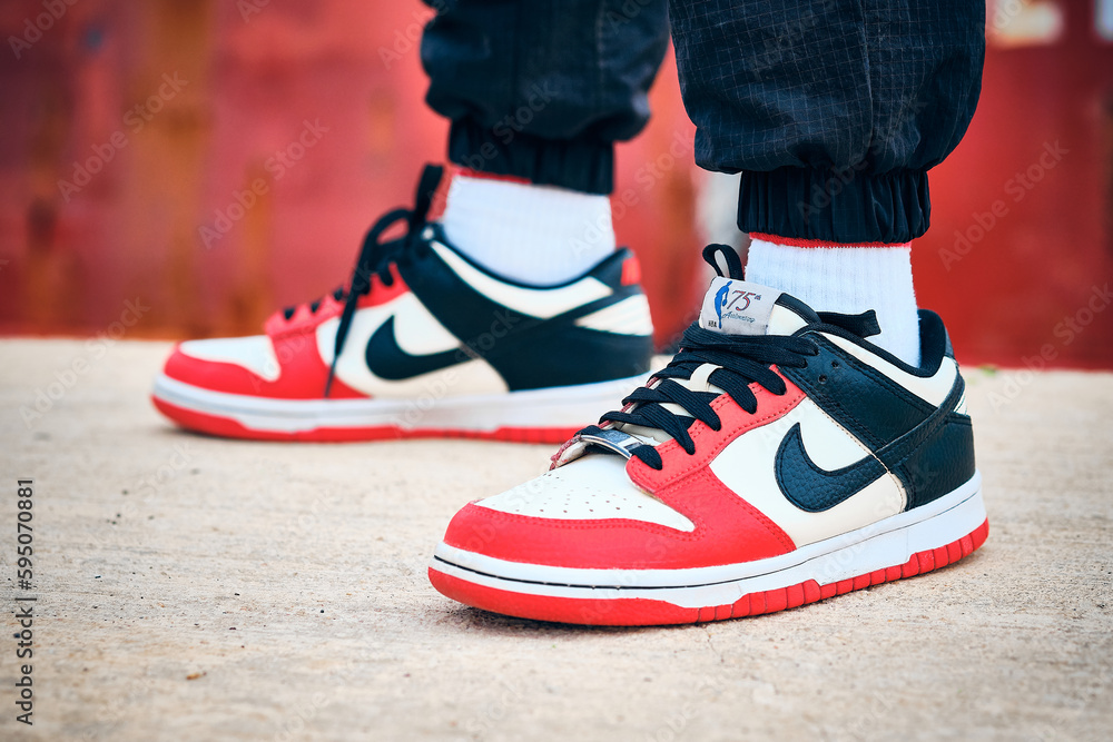On-feet Nike Dunk Low EMB NBA 75th Anniversary Chicago colorway sneakers  illustrative editorial Stock Photo | Adobe Stock