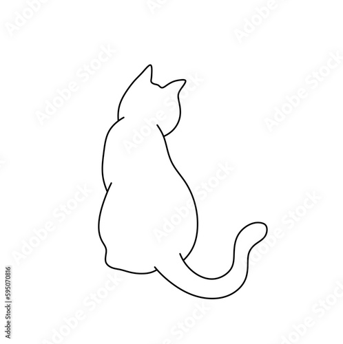 Vector isolated one single simplest sitting cat kitten back view colorless black and white contour line easy drawing