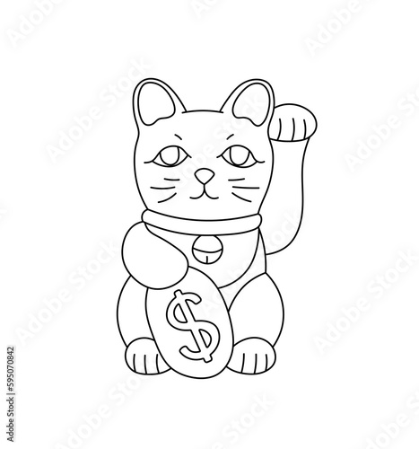 Vector isolated one single japanese maneki neko cat with money toy paw up colorless black and white contour line easy drawing