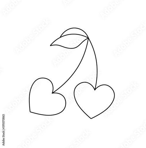 Vector isolated two pair couple hearts cherry berries on twig with leaf colorless black and white contour line easy drawing