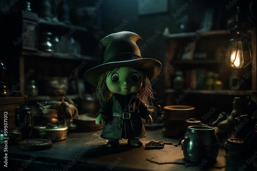 doll witch, The witch's room is dimly lit, with flickering candles casting eerie shadows on the walls. In the center of the room, there is a large cauldron filled with bubbling green liquid