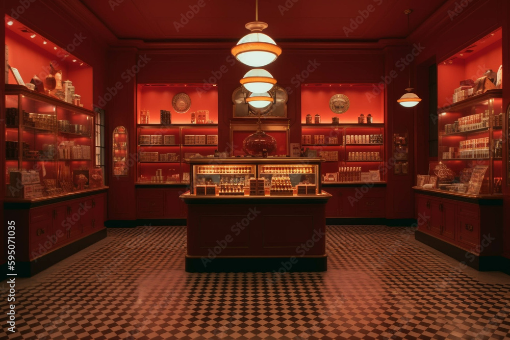 fancy retail shopDark red color palette. Centered perspective. Interior Design