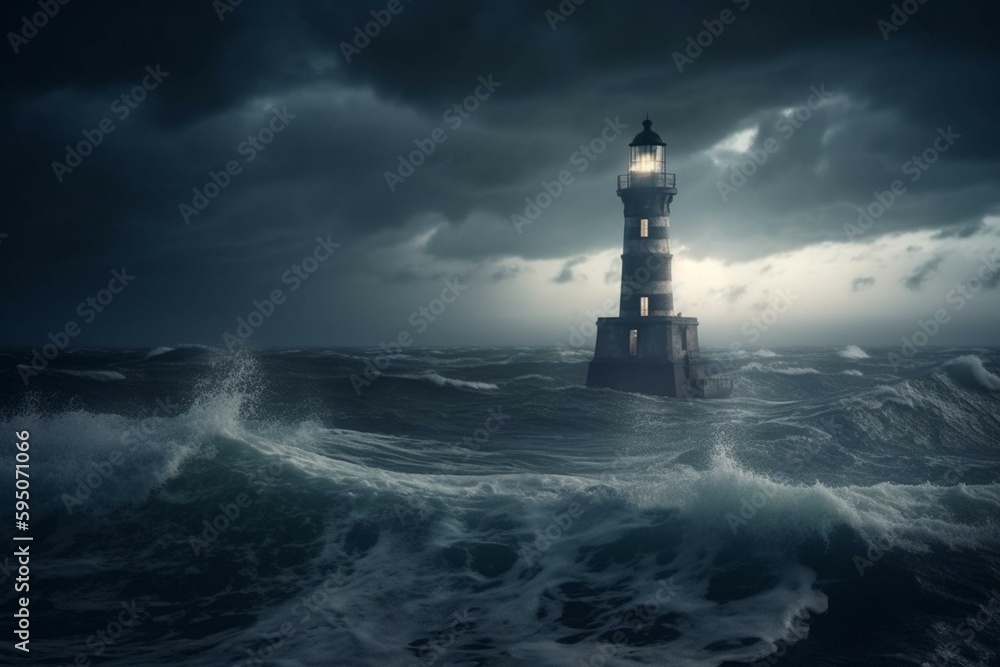 Leadership concept. Lighthouse in the stormy ocean at night leading the way. Generative AI