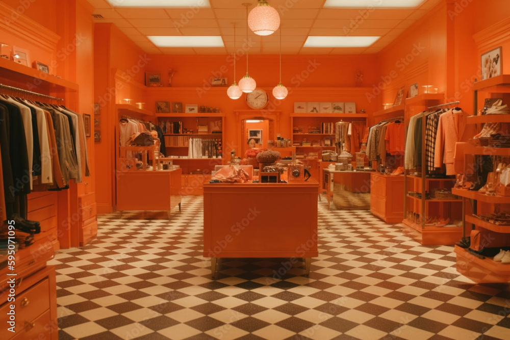 fancy retail shopDark orange color palette. Centered perspective. Interior Design