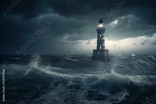Leadership concept. Lighthouse in the stormy ocean at night leading the way. Generative AI