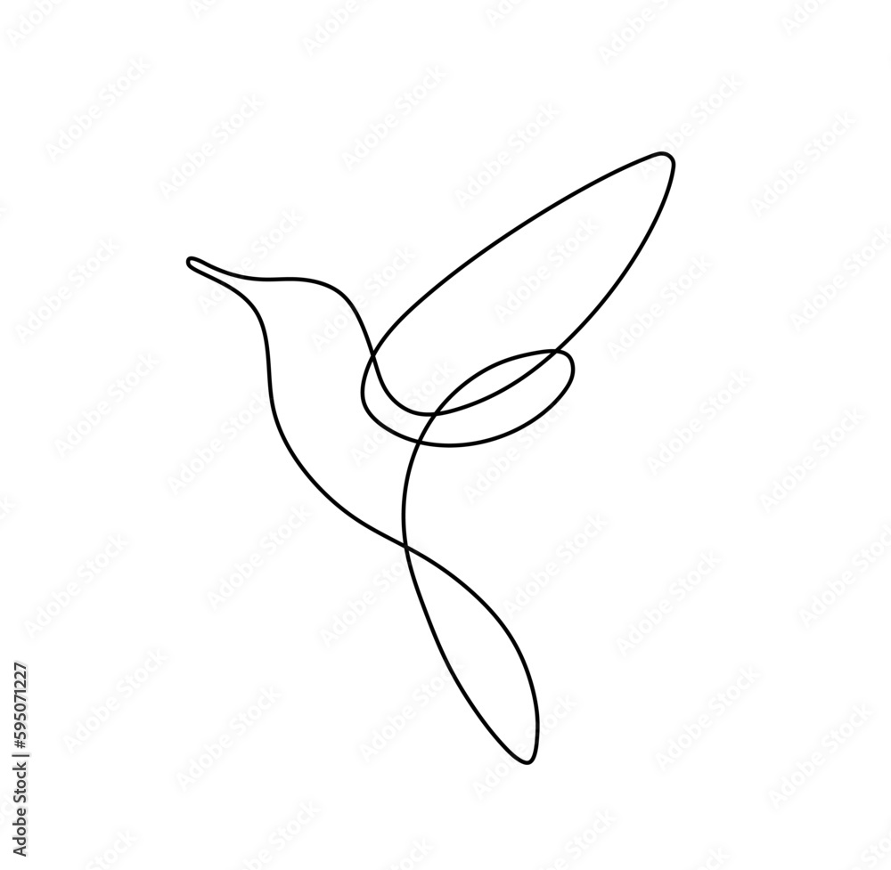 Fototapeta premium Vector isolated one single contemporary line flying hummingbird side view colorless black and white contour line easy drawing