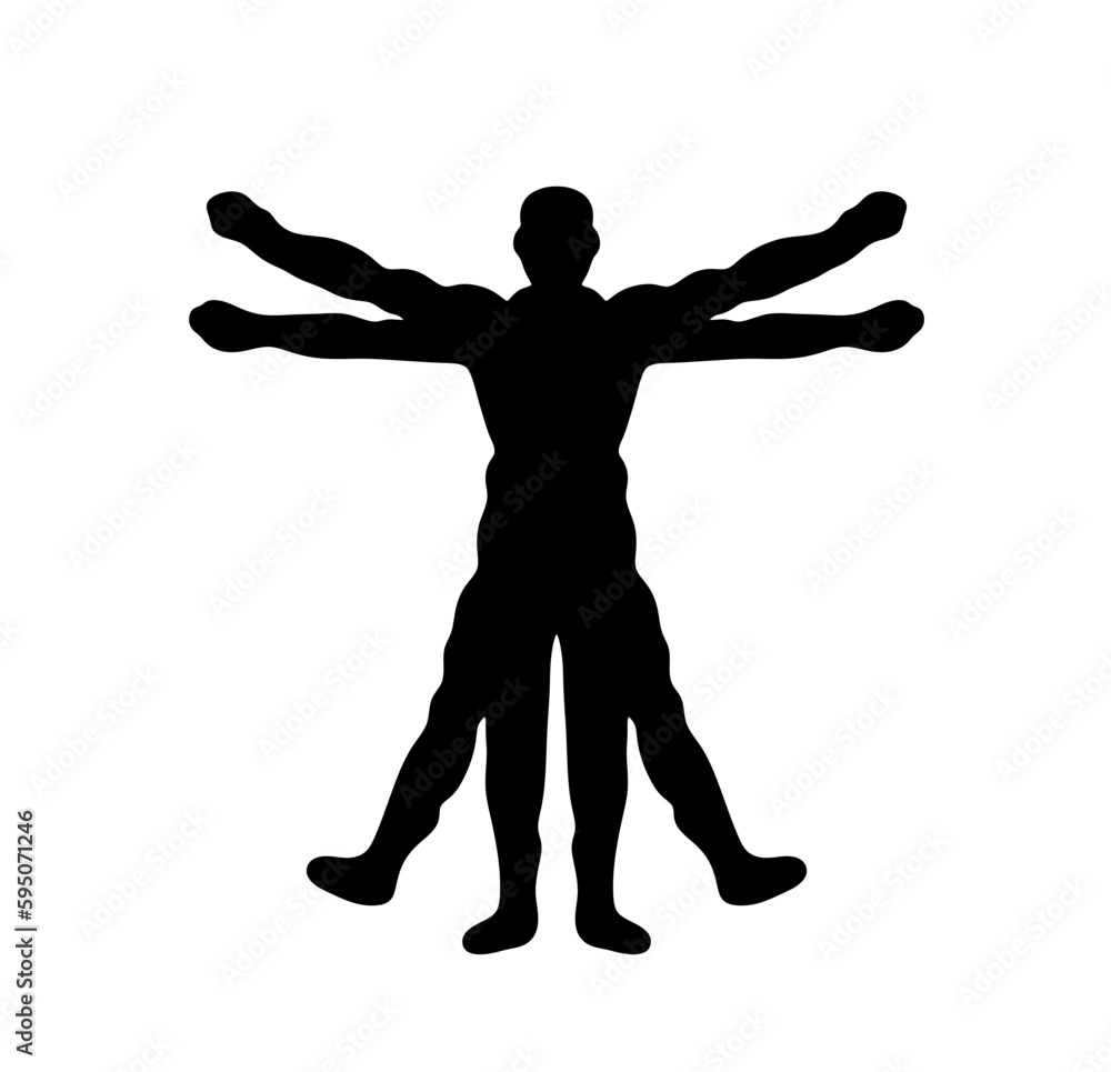Vector isolated one single man with four arms and legs Vitruvian man Leonardo colorless black and white outline silhouette shadow shape Vector isolated one single man with four arms and legs Vitruvian man Leonardo colorless black and white outline silhouette shadow shape