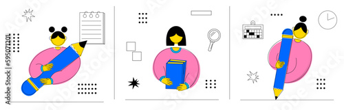 Set of women reading books and holding big pencils for drawing or writing. School or college activity. Education and creativity concept. Trendy flat outline character on isolated white background.