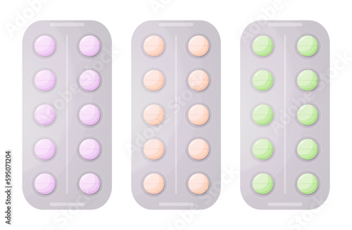 Set of cute blister packs pills. Pharmacy colorful packaging. Aspirin, painkiller drugs, antibiotics, vitamins, or antidepressants. Detailed flat illustration. Stylish pills.