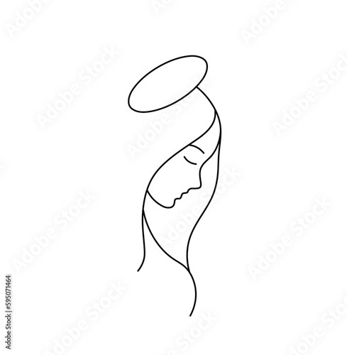 Vector isolated one single holy woman girl with halo side view  head portrait profile colorless black and white contour line easy drawing photo