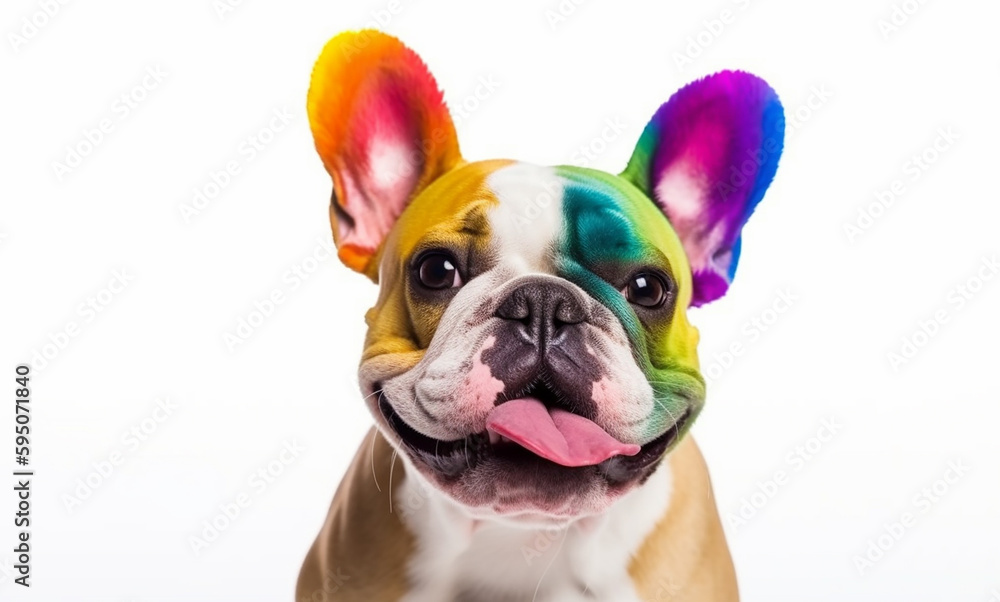 Cute dog with rainbow pride colors, on a white background. Generative Ai