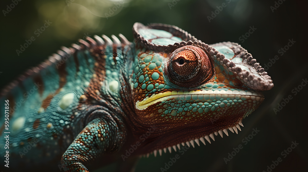 Fototapeta premium A captivating close-up of a chameleon, with its vibrant, color-changing skin and unique, swiveling eyes, showcasing the incredible adaptability and beauty of this creature