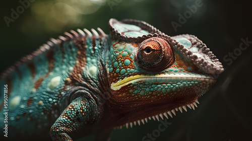 A captivating close-up of a chameleon  with its vibrant  color-changing skin and unique  swiveling eyes  showcasing the incredible adaptability and beauty of this creature