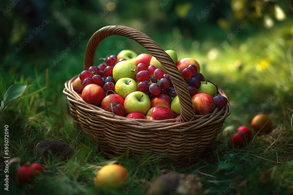 A Bountiful Basket of Fruits: A Green and Crimson Display on the Grass. Generative Ai A Bountiful Basket of Fruits: A Green and Crimson Display on the Grass. Generative Ai