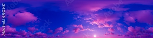Blue sky panorama with magenta Cirrus clouds in Seamless spherical equirectangular format. Full zenith for use in 3D graphics, game and editing aerial drone 360 degree panoramas for sky replacement.
