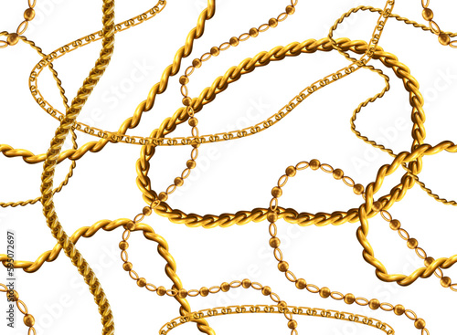 Gold jewellery pattern. Baroque scarf. White metal texture. Golden necklace for textile print. Vintage fashion. Metallic bracelets. Bijouterie braid. Vector exact seamless background