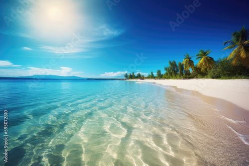 Paradise Found. Beach and Blue Sky. Generative Ai