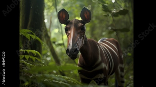 Okapi in a cinematic tropical forest background with beautiful colors generative ai