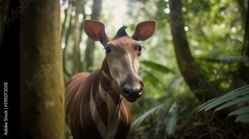 Okapi in a cinematic tropical forest background with beautiful colors generative ai