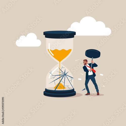 Businessman smashes hourglass using sledgehammer. Deadline or time management. Final countdown. Flat vector illustration