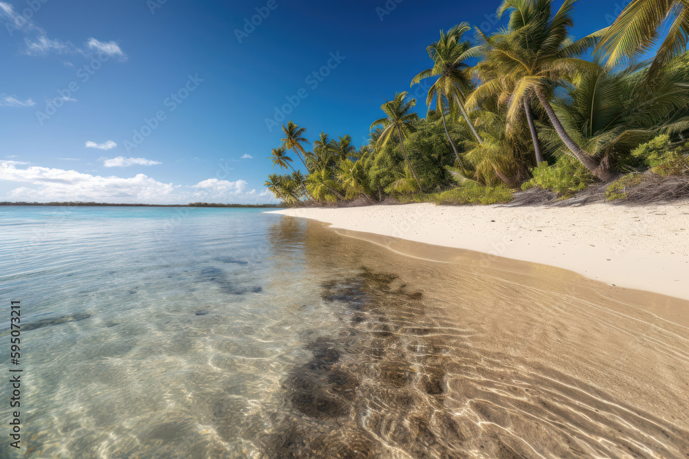 Paradise Found: A Beach with Palm Trees, White Sand, and Crystal Clear Water. Generative Ai