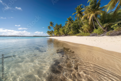 Paradise Found  A Beach with Palm Trees  White Sand  and Crystal Clear Water. Generative Ai