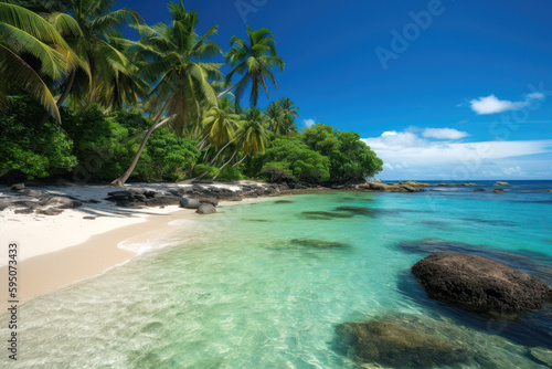 Paradise Found: A Beach with Palm Trees, White Sand, and Crystal Clear Water. Generative Ai
