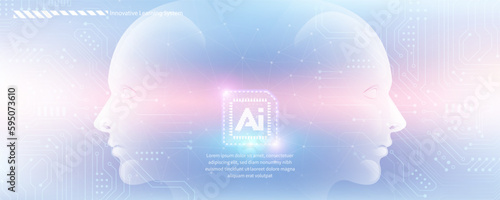 AI technology concept artificial abstract human side face and chip circuit board with futuristic style elegant pink blue gradient background