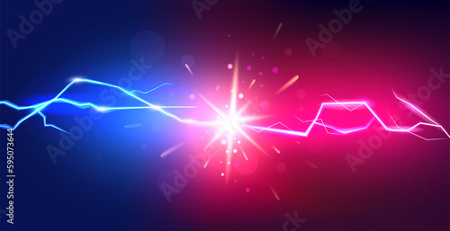 Electric lightning. Vs battle background, thunder flash effect, thunderbolt flight, power of storm light. Competition banner template. Pink and blue thunderstorm vector recent abstract concept