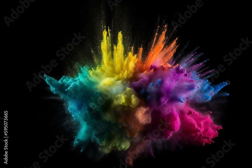 Multi color powder explosion isolated on black background #3 yellow, green, blue, violet, red, white, generative ai