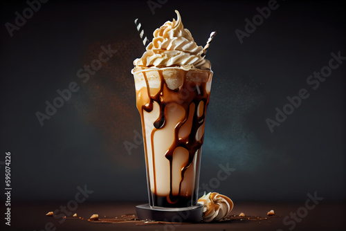 Iced caramel latte coffee in a tall glass with chocolate syrup and whipped cream. Generative Ai