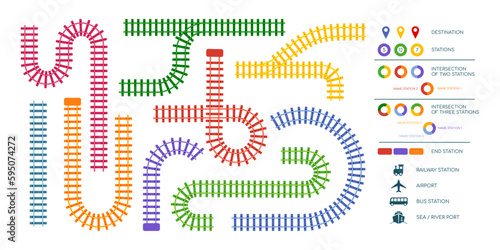 Train railway. Rail track kids constructor. Line toy map for infographic. Railroad turn and straight parts. Station for subway locomotive. Isolated elements set. Vector utter design concept