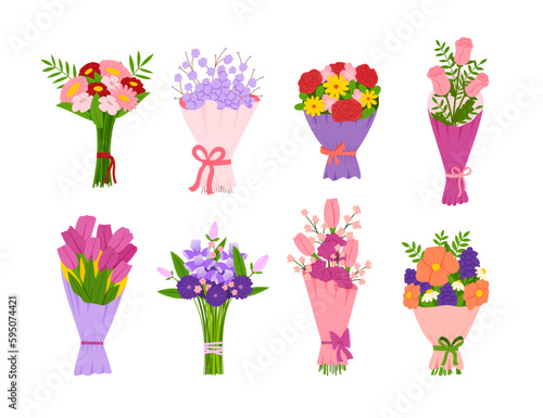 Flat floral bouquet set. Gift with flower blossom, bunch of plants and blooming leaves, garden decor with botanical leaf. Pink and red tulips and roses. Isolated vector utter illustration