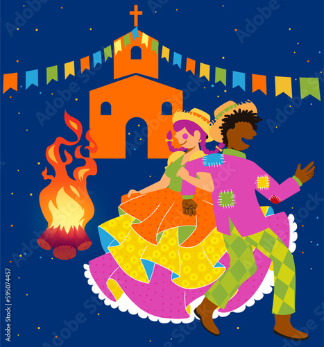 Vetor de casal caipira dançando quadrilha na fogueira da Festa de São João - Festa Junina