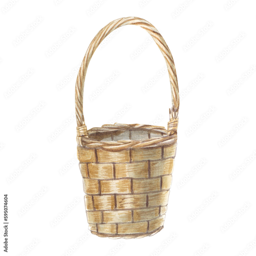 Basket wicker for bouquets on a white background. Watercolor illustration of a straw basket, rustic. French style. Collection Provencal bouquet. Suitable for design, invitations, weddings, holidays