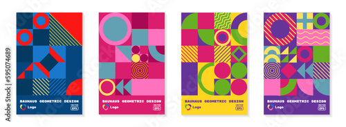 Geometric pattern backgrounds. Bauhaus posters. Abstract minimal flat shapes. Modern textures. Colorful circles and squares. Retro triangles composition. Vector tidy design banners set © Natalia